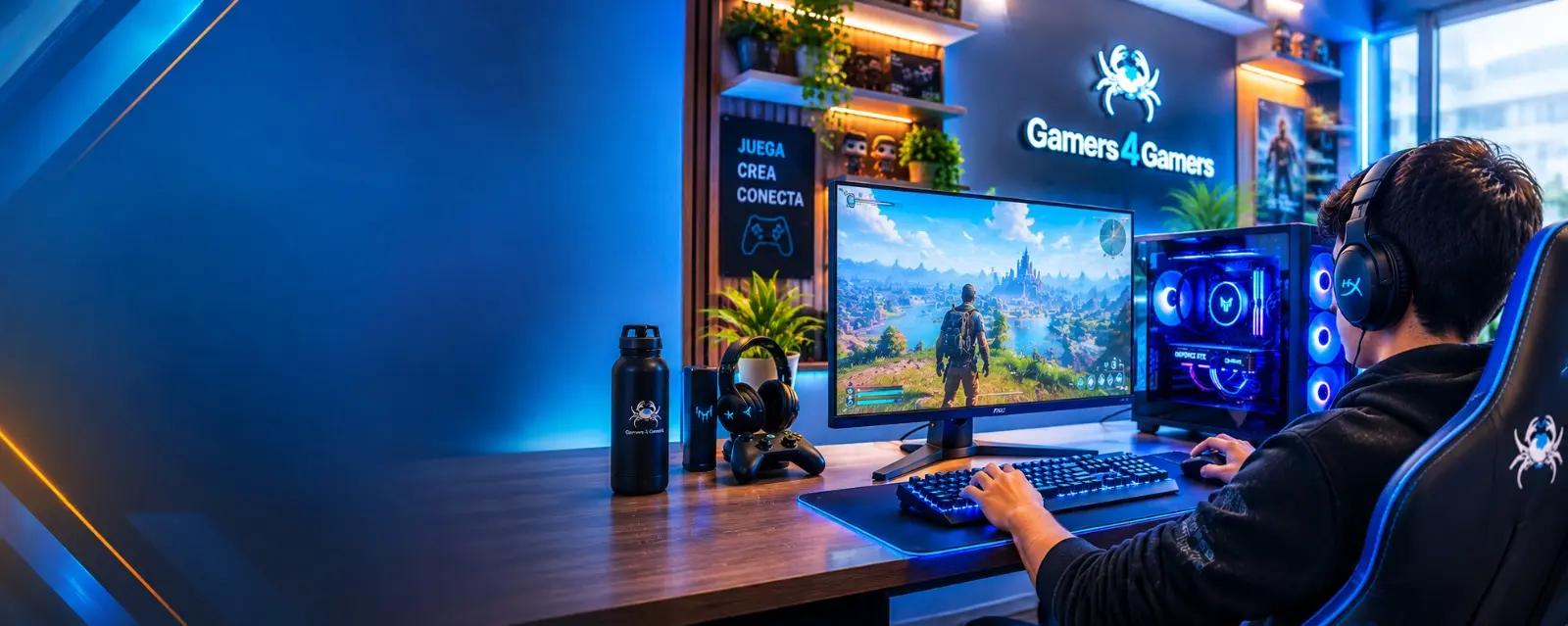 Jugador frente a su setup gamer con monitor, PC y periféricos